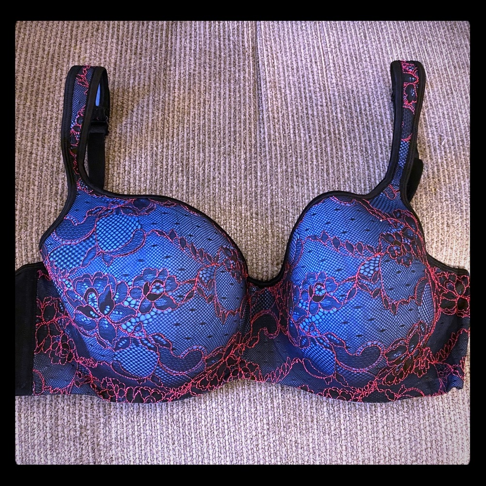 Cacique 42DD Bra - Blue with Pink Lace Overlay